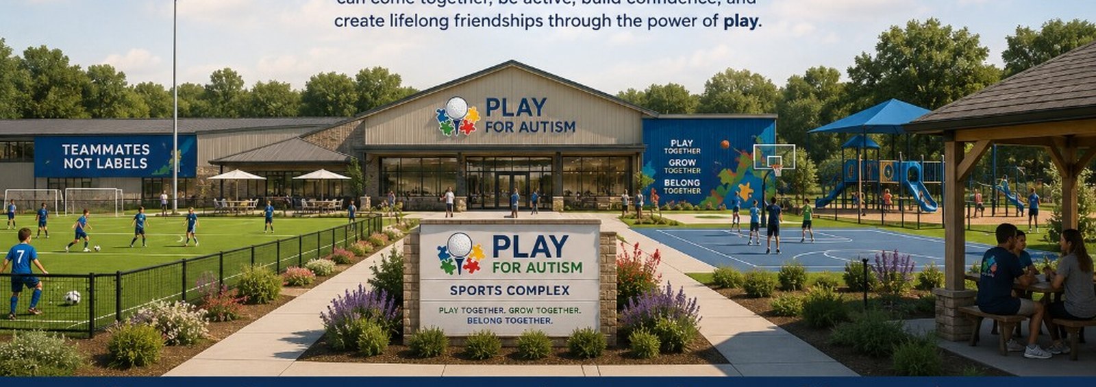 Conceptual rendering of the future Play for Autism Sports Complex with soccer fields, basketball courts, sensory-friendly outdoor spaces, and a community pavilion.